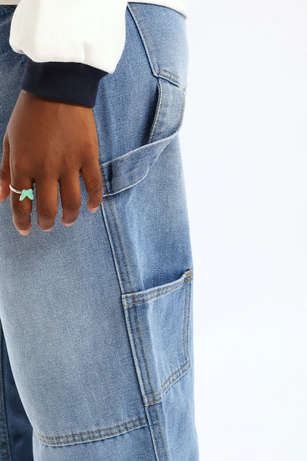 Girls Pocket Detail Carpenter Denim - Mid Blue