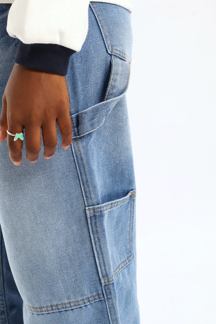 Girls Pocket Detail Carpenter Denim - Mid Blue