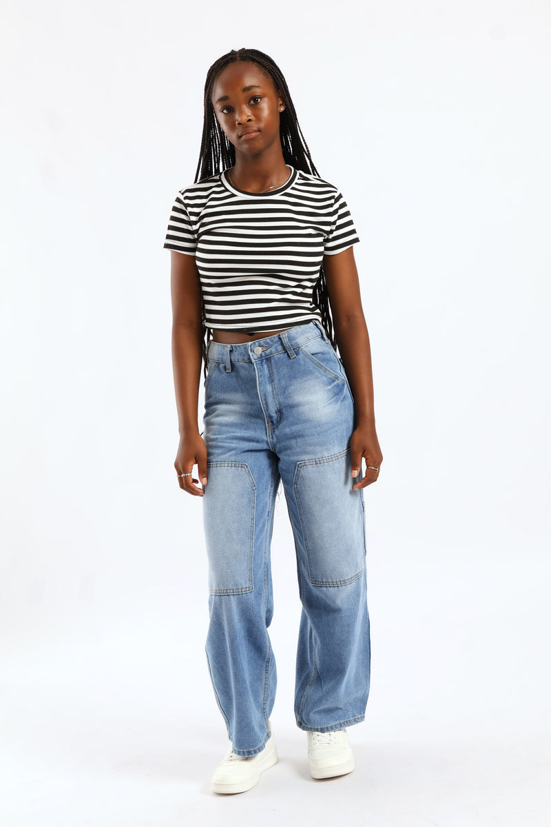 Girls Cotton Lycra Stripe Basic Tee - Black/Cream