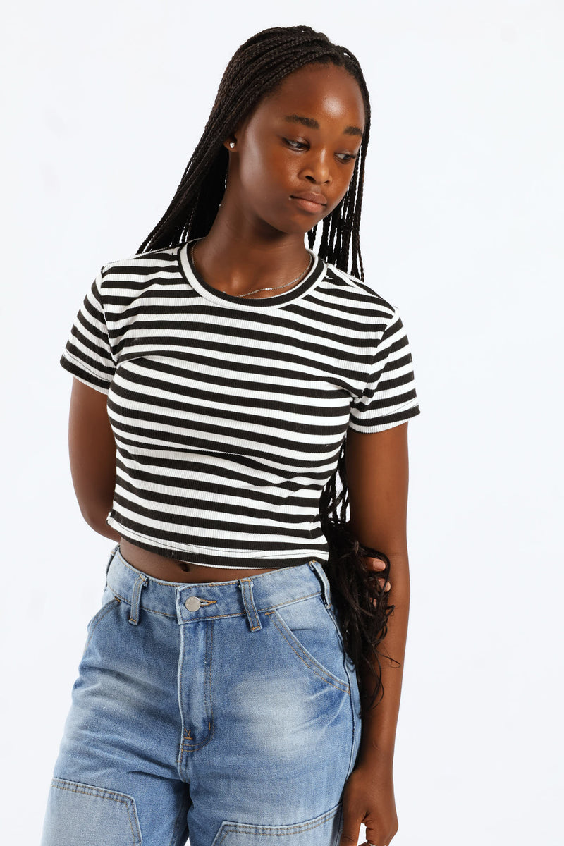 Girls Cotton Lycra Stripe Basic Tee - Black/Cream