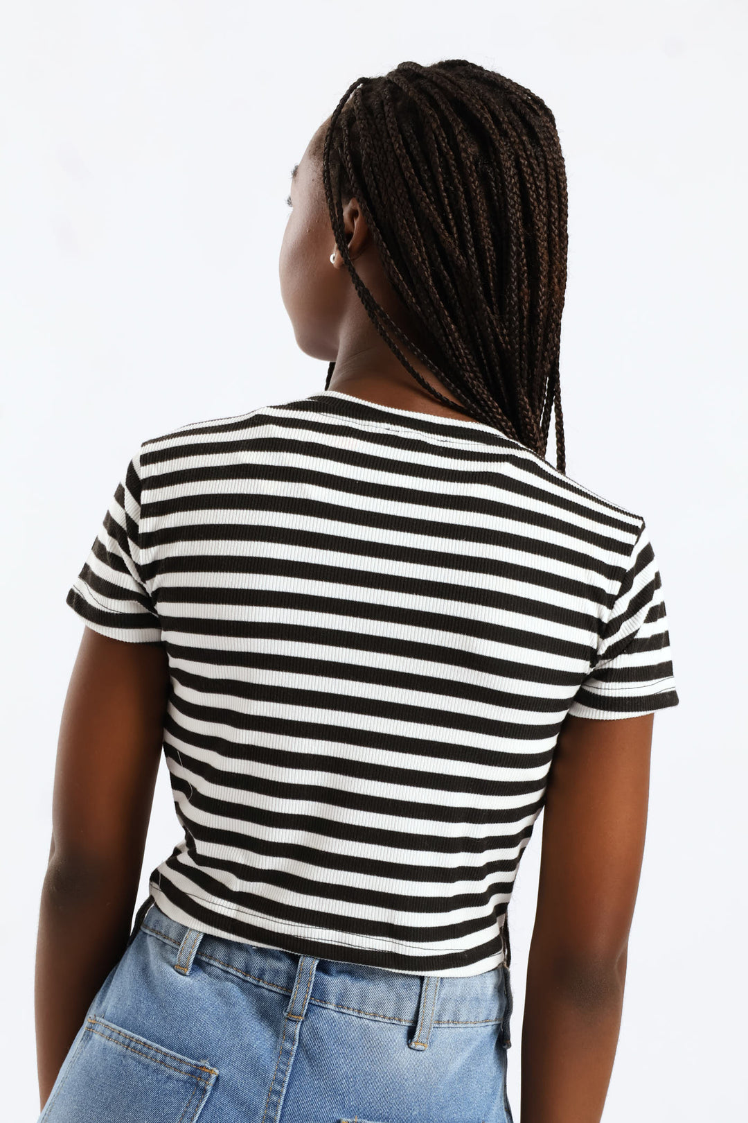 Girls Cotton Lycra Stripe Basic Tee - Black/Cream