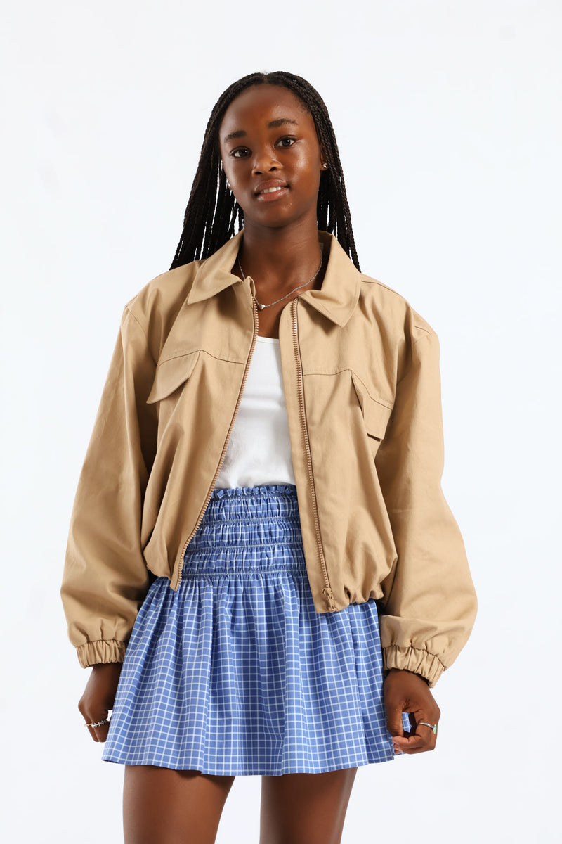 Girls Checked Shirred Flare Skirt - Cream/Blue