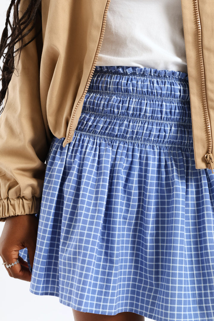 Girls Checked Shirred Flare Skirt - Cream/Blue