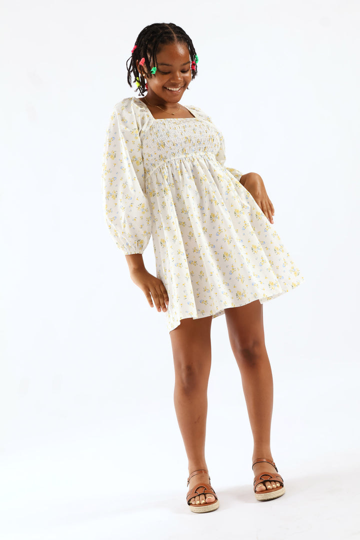 Girls Floral Ruched Bodice Babydoll Dress