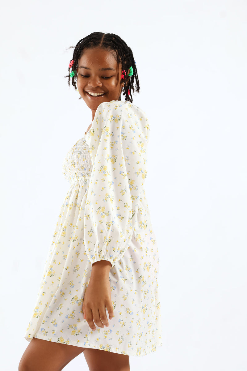 Girls Floral Ruched Bodice Babydoll Dress