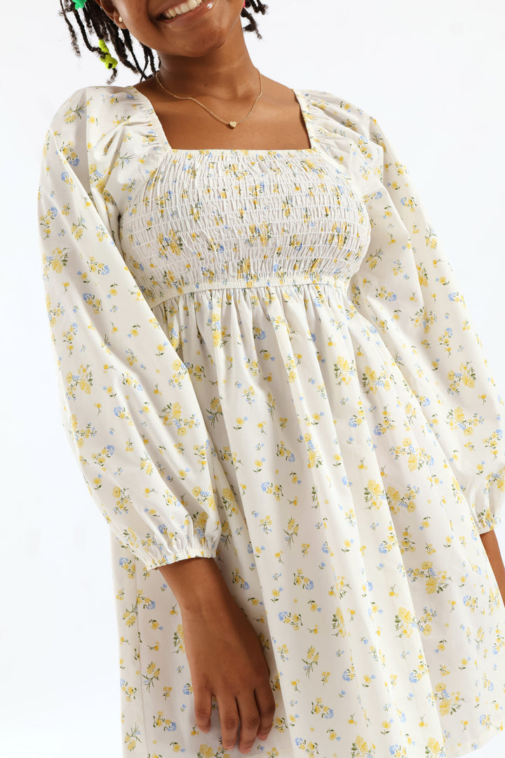 Girls Floral Ruched Bodice Babydoll Dress