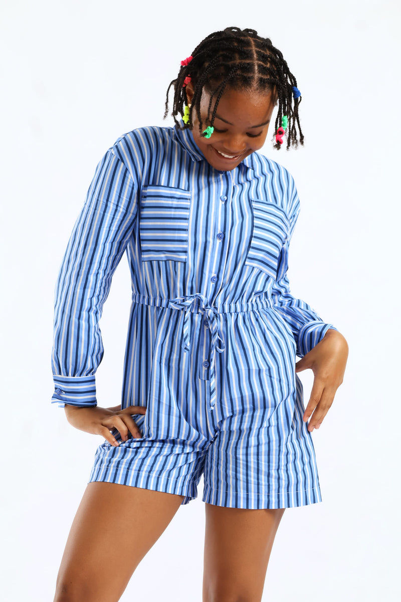 Girls Stripe Wide Leg Jumpsuit - White/Blue