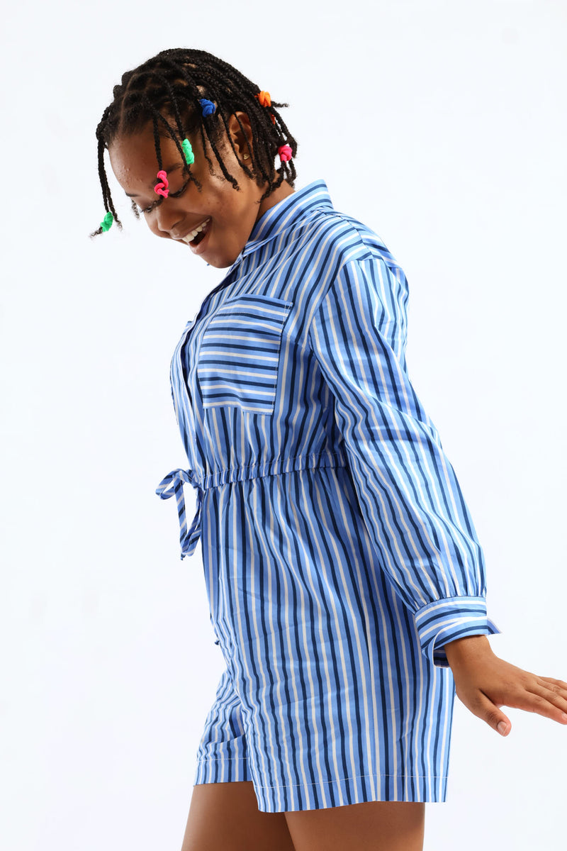 Girls Stripe Wide Leg Jumpsuit - White/Blue