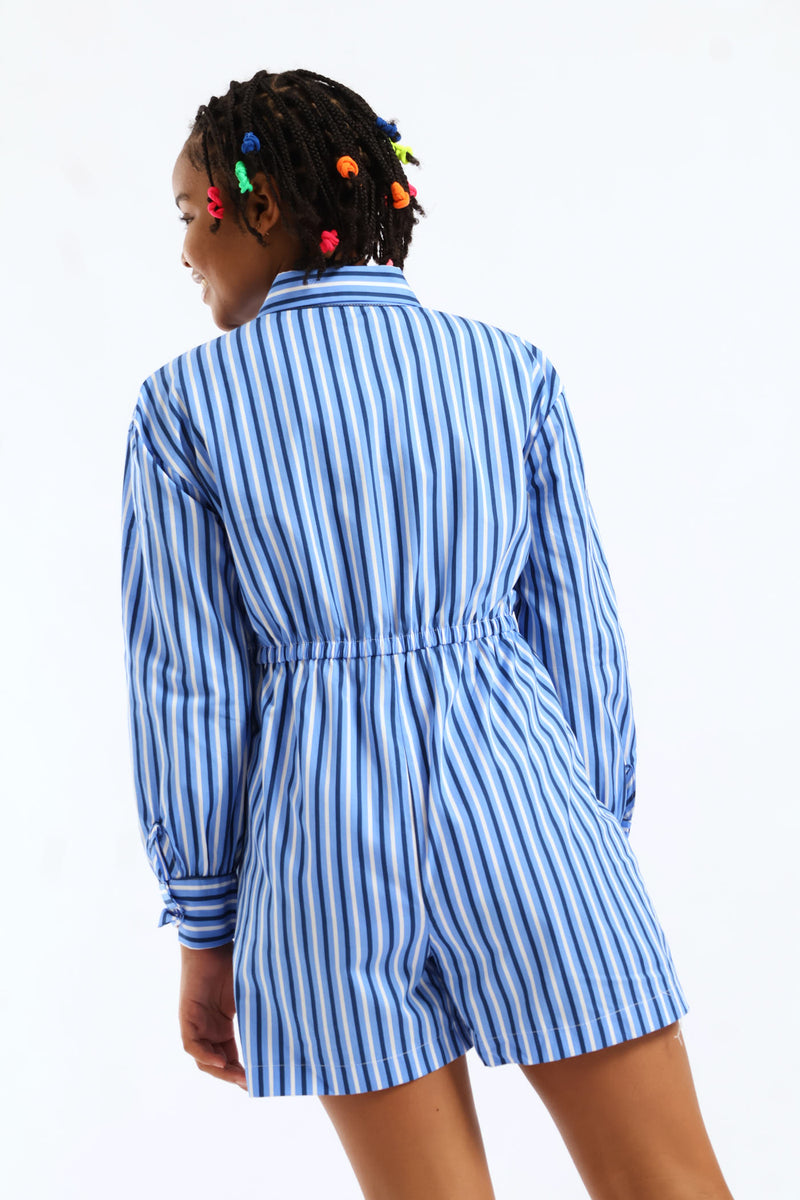 Girls Stripe Wide Leg Jumpsuit - White/Blue