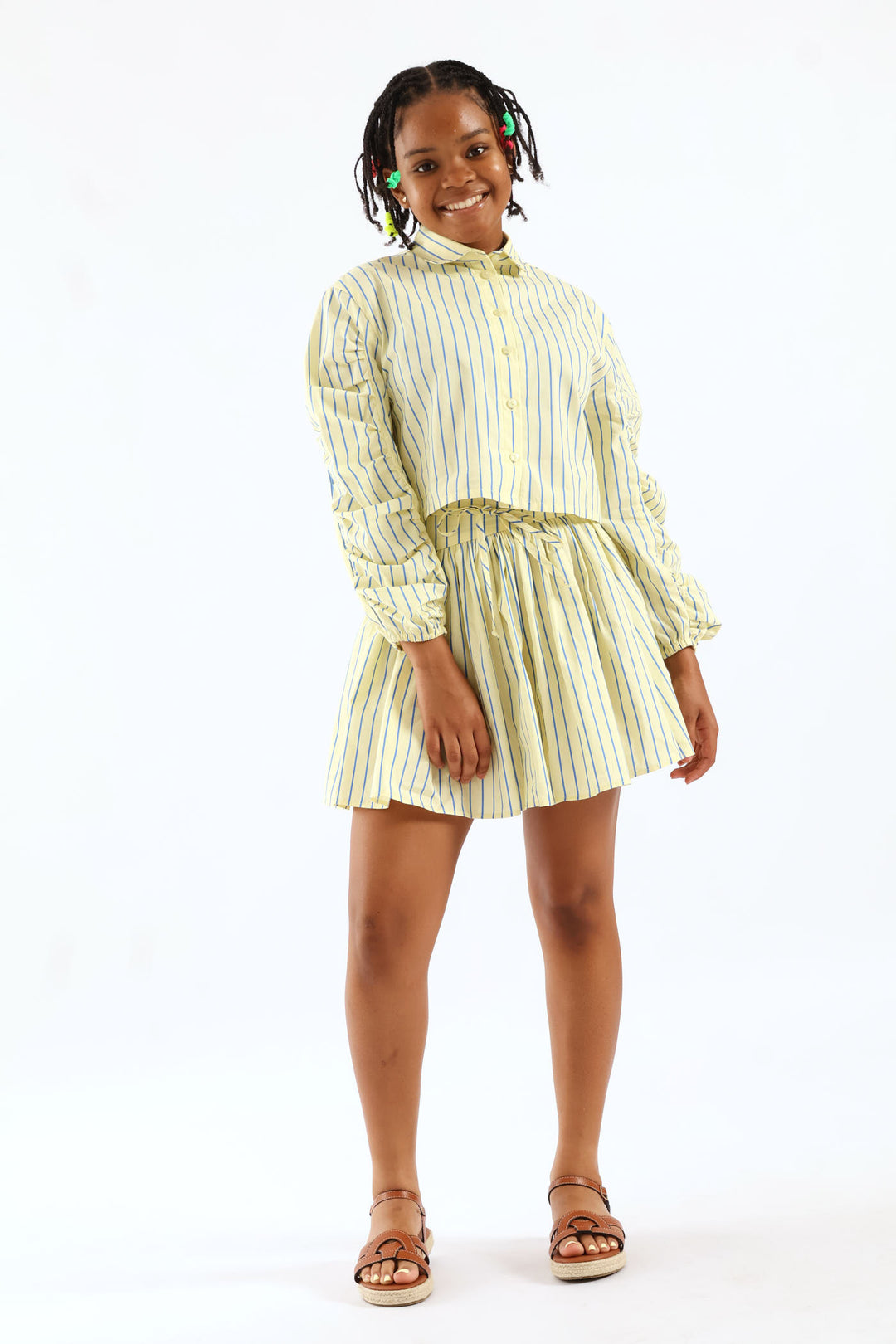 Girls Stripe Guaged Sleeve Woven Shirt - Blue/Yellow