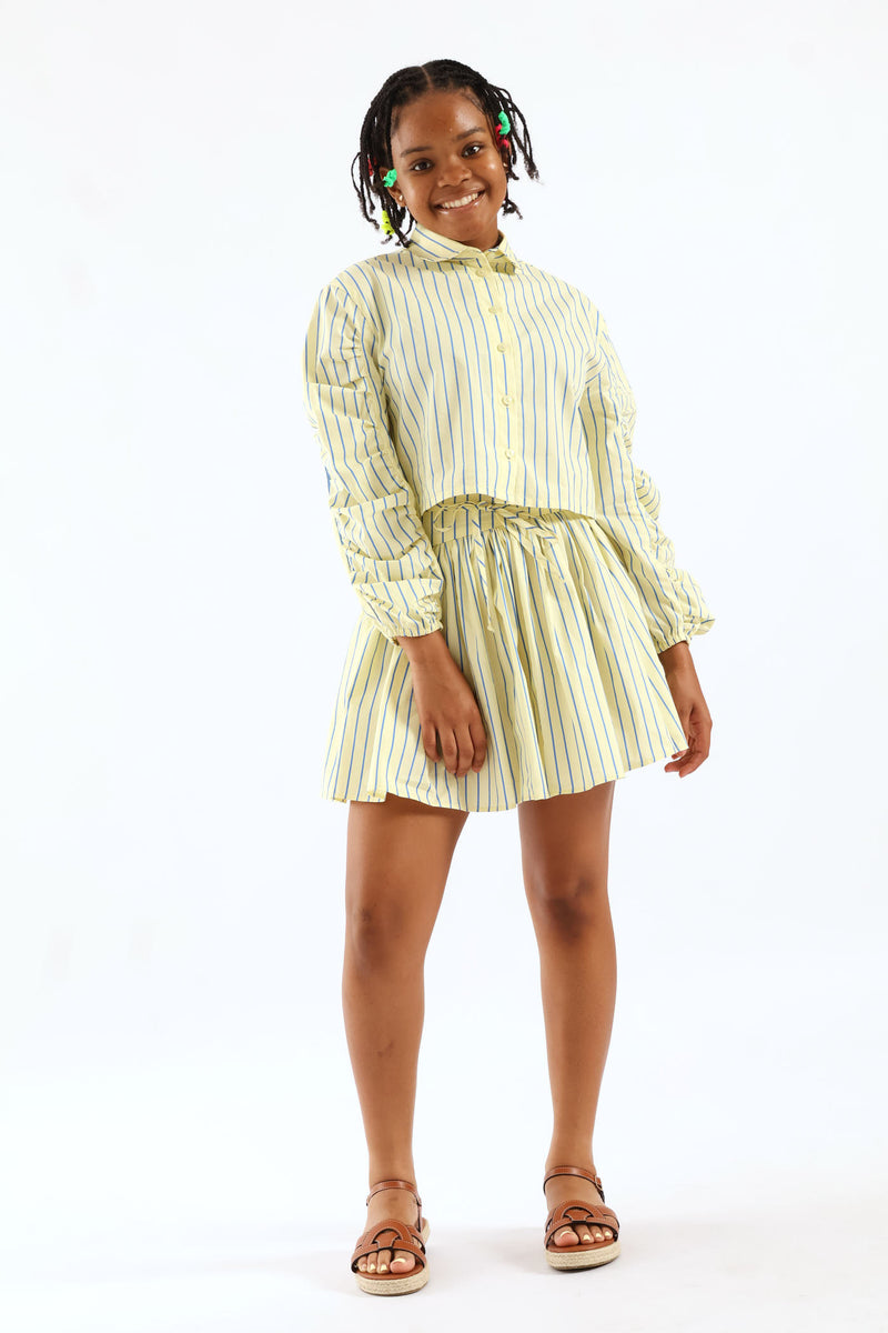 Girls Stripe Guaged Sleeve Woven Shirt - Blue/Yellow