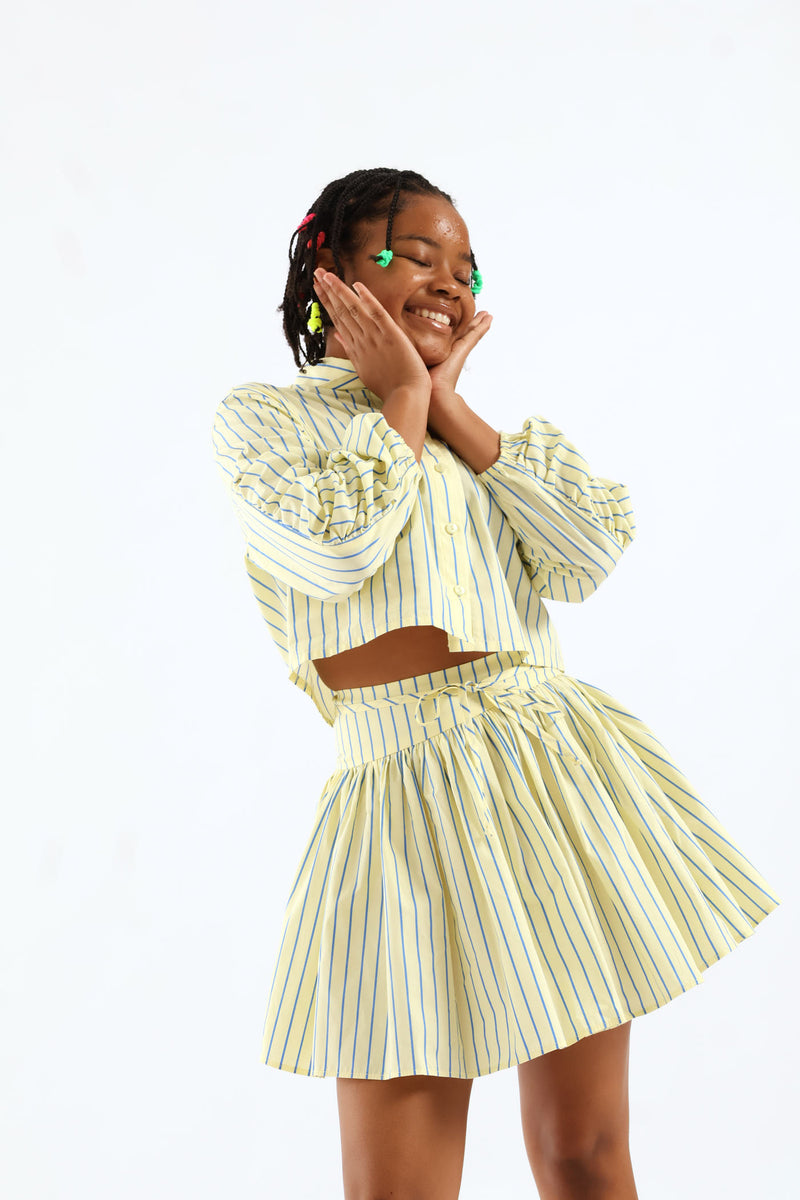 Girls Stripe Guaged Flare Skirt - Blue/Yellow