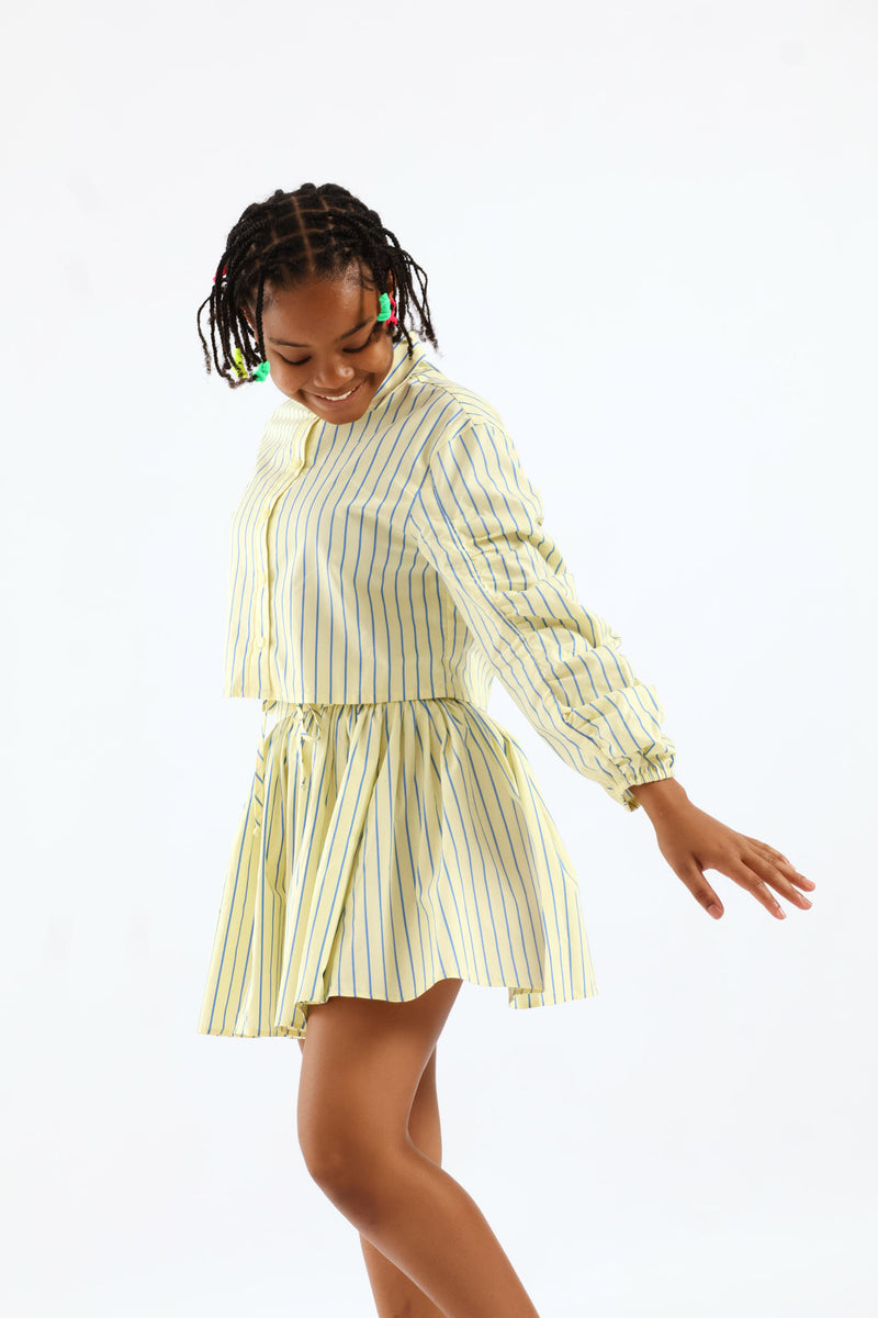 Girls Stripe Guaged Sleeve Woven Shirt - Blue/Yellow