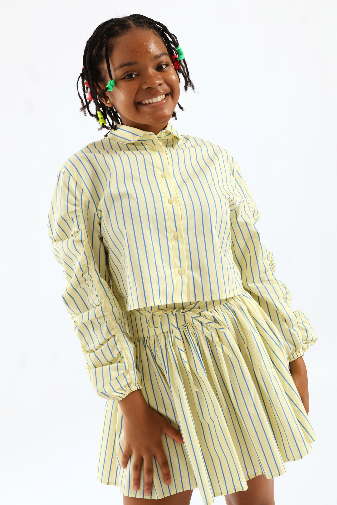 Girls Stripe Guaged Sleeve Woven Shirt - Blue/Yellow