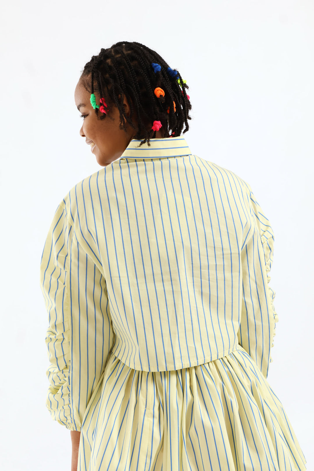 Girls Stripe Guaged Sleeve Woven Shirt - Blue/Yellow