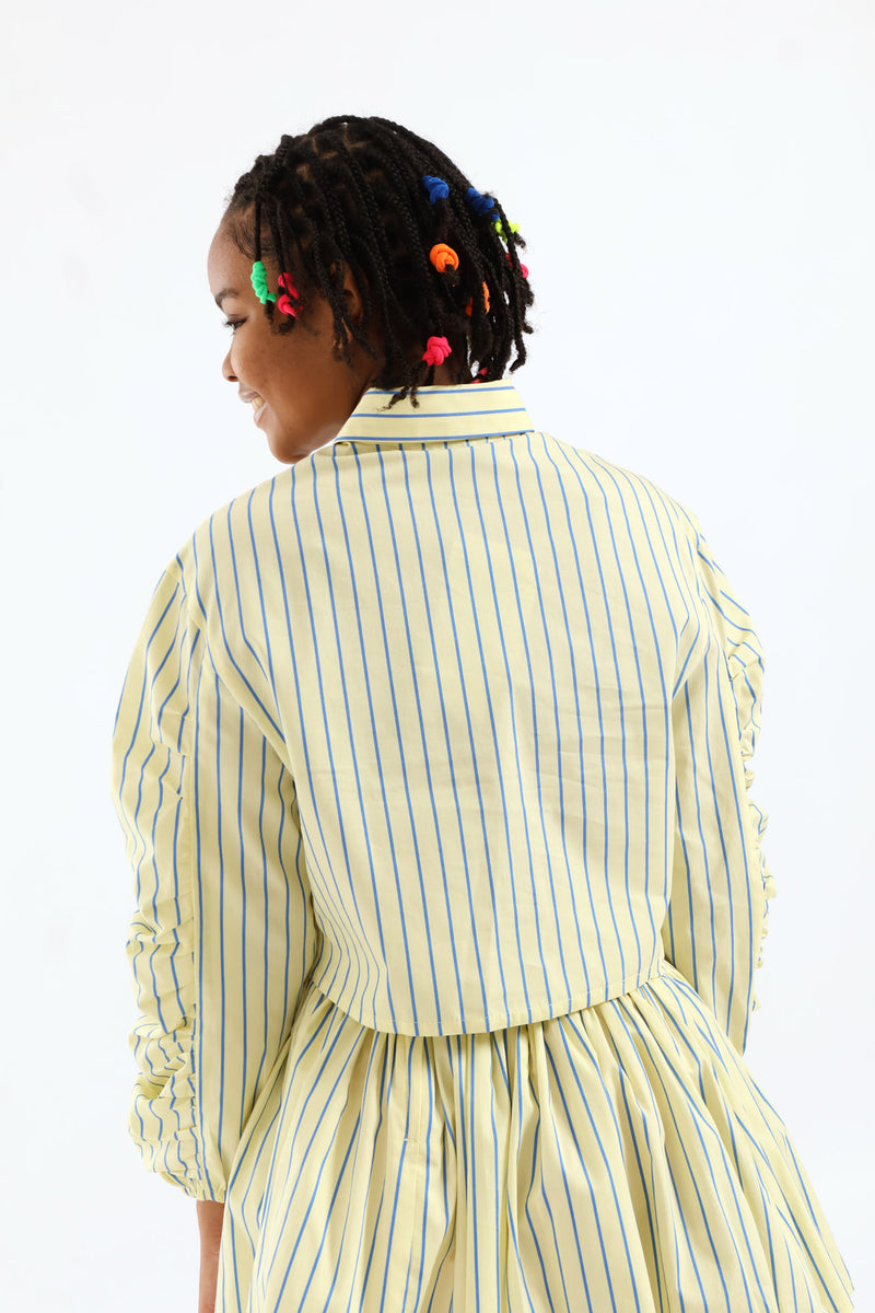 Girls Stripe Guaged Sleeve Woven Shirt - Blue/Yellow