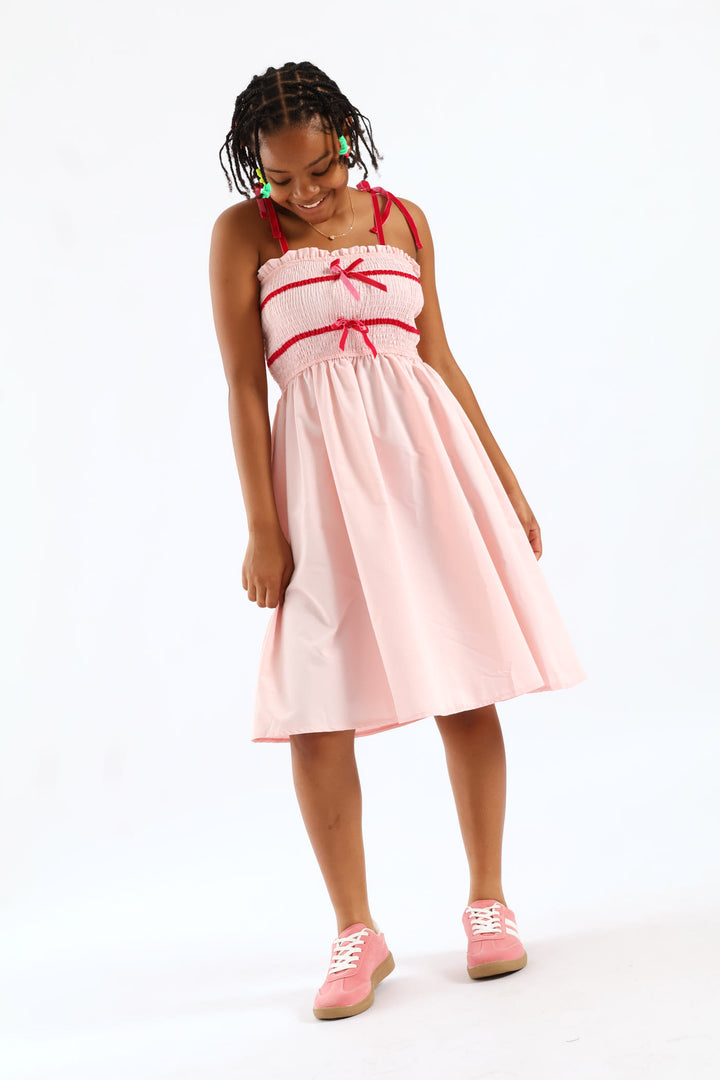 Girls Ribbon Shirred Bodice Midi Dress - Pink