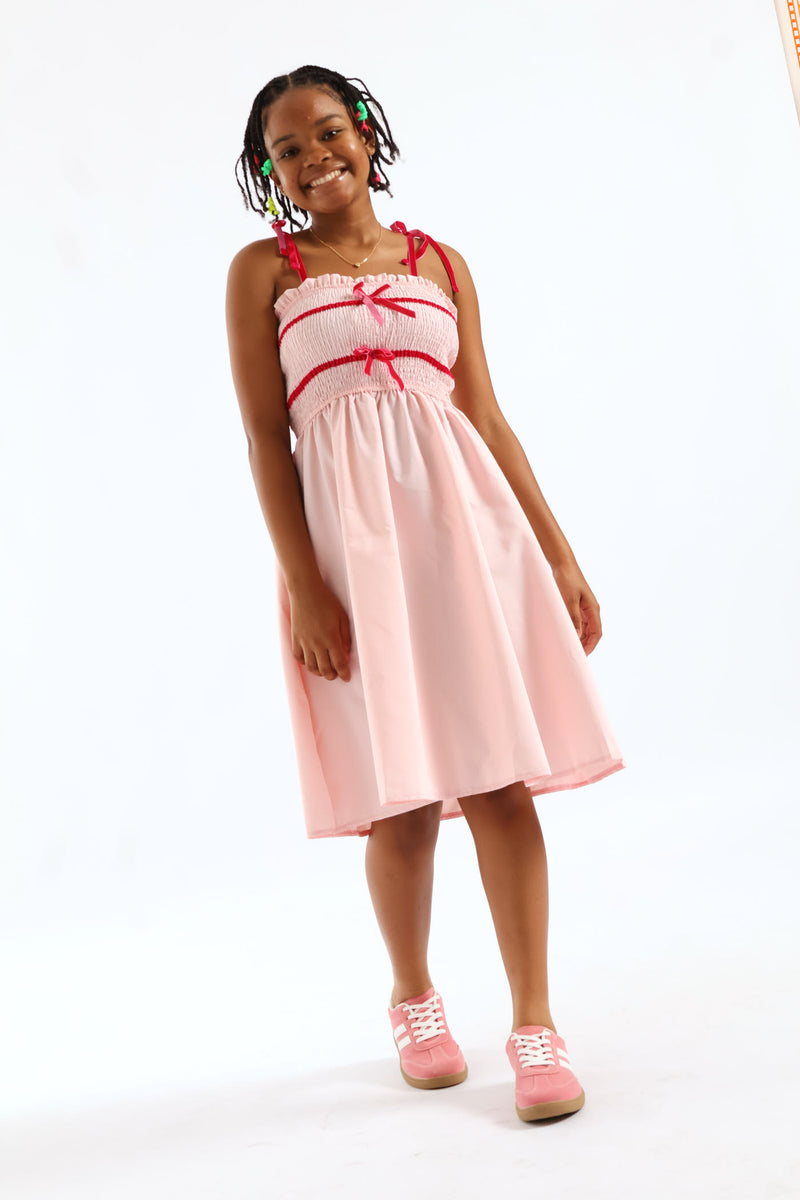 Girls Ribbon Shirred Bodice Midi Dress - Pink