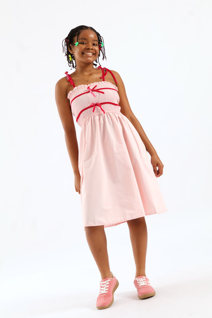 Girls Ribbon Shirred Bodice Midi Dress - Pink