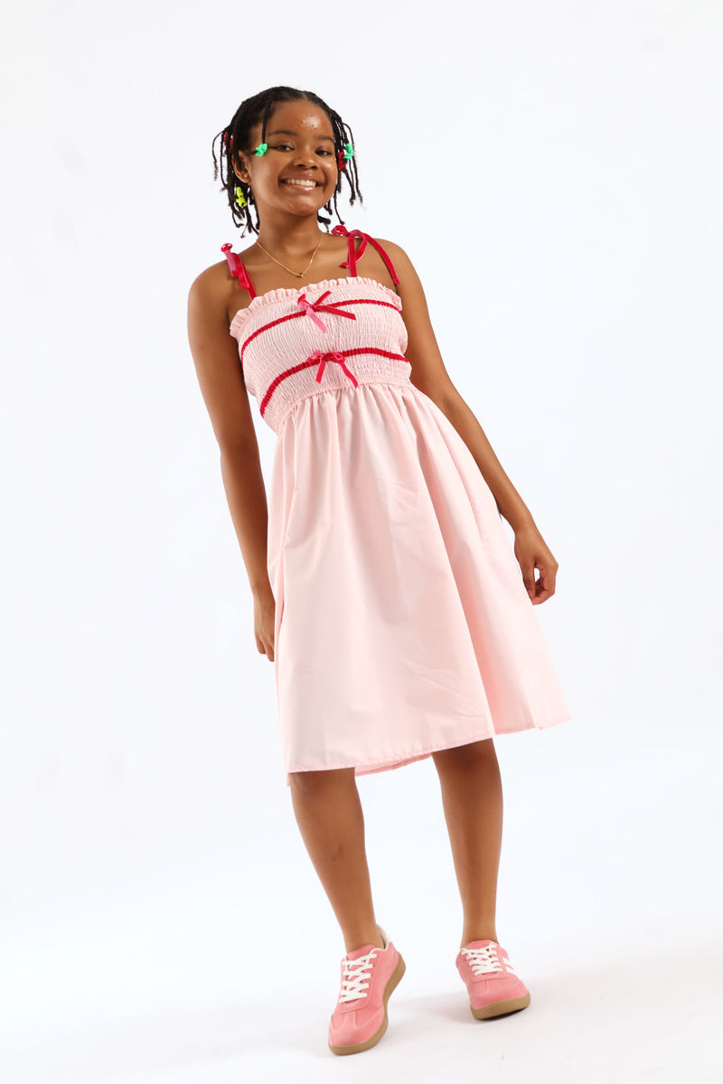 Girls Ribbon Shirred Bodice Midi Dress - Pink