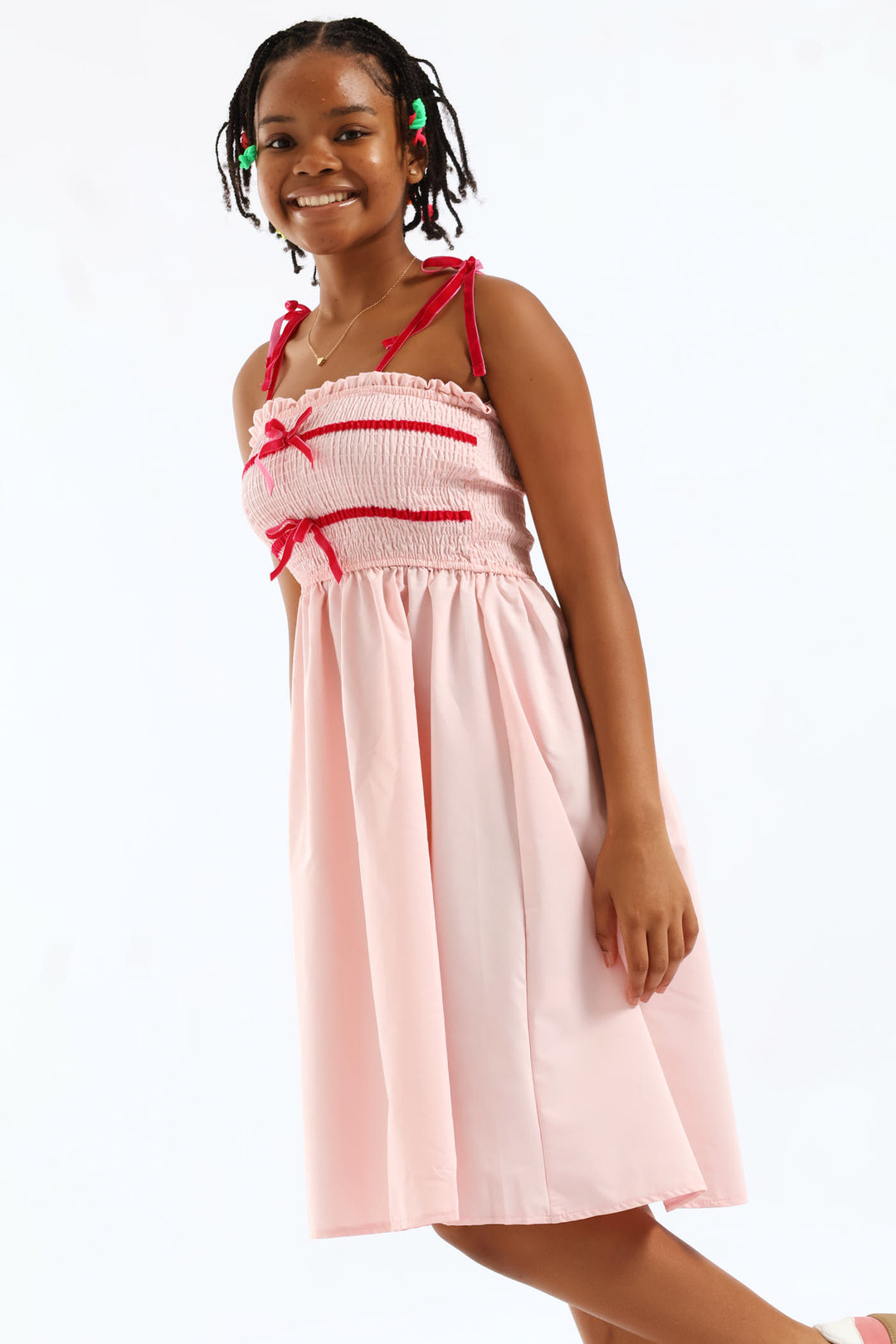 Girls Ribbon Shirred Bodice Midi Dress - Pink