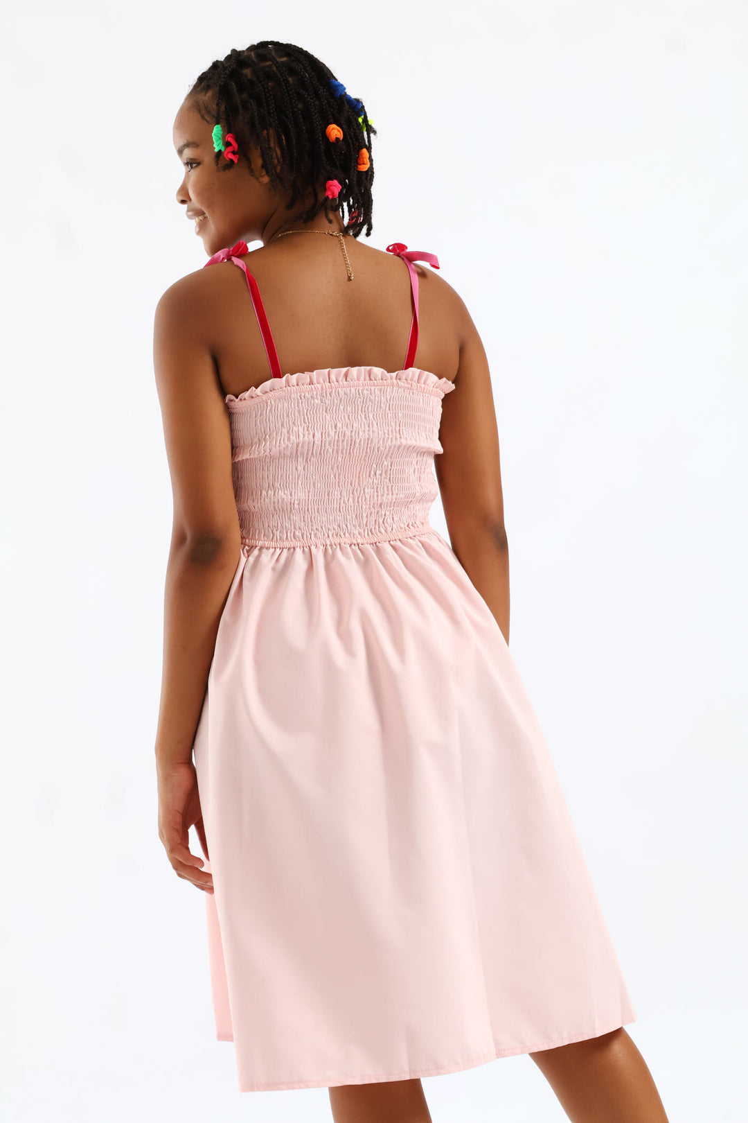 Girls Ribbon Shirred Bodice Midi Dress - Pink