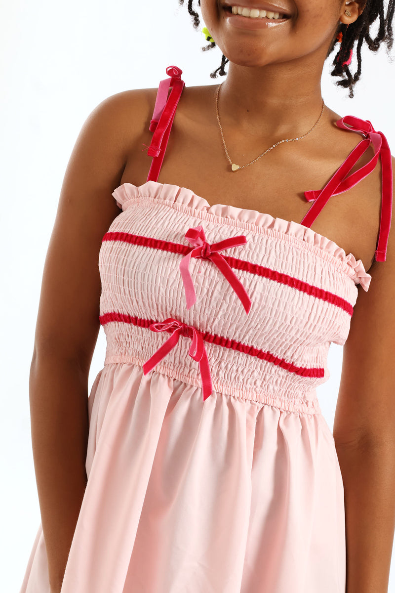Girls Ribbon Shirred Bodice Midi Dress - Pink