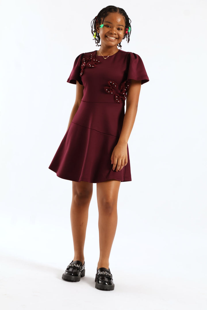 Girls Fit & Flare Puff Sleeve Occasion Dress - Burgandy