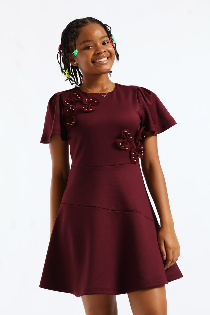 Girls Fit & Flare Puff Sleeve Occasion Dress - Burgandy