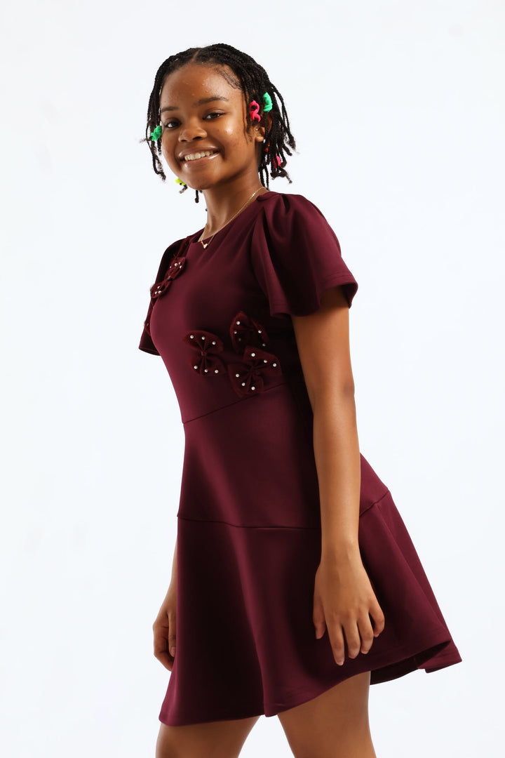Girls Fit & Flare Puff Sleeve Occasion Dress - Burgandy