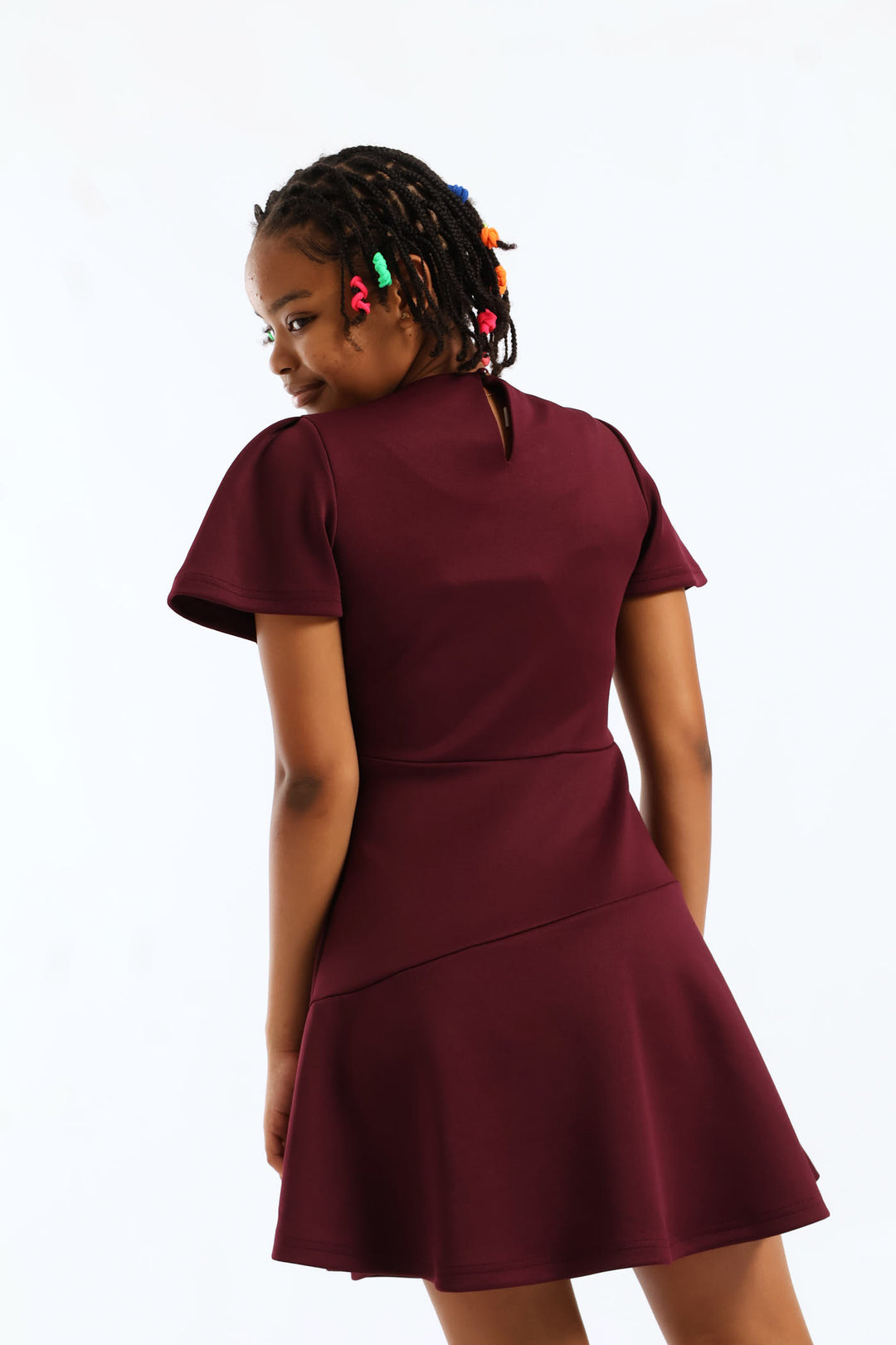 Girls Fit & Flare Puff Sleeve Occasion Dress - Burgandy