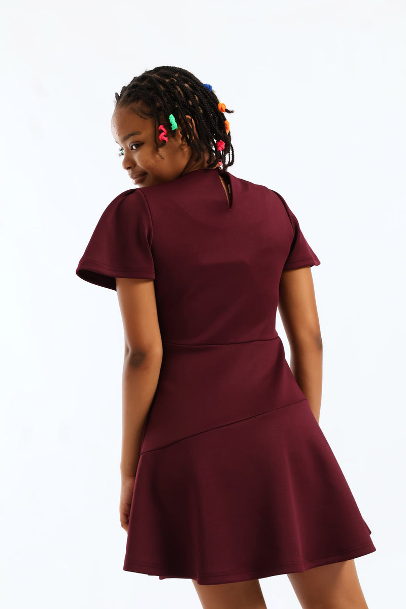 Girls Fit & Flare Puff Sleeve Occasion Dress - Burgandy