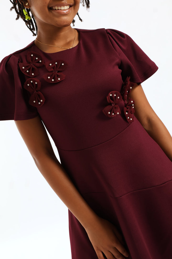 Girls Fit & Flare Puff Sleeve Occasion Dress - Burgandy