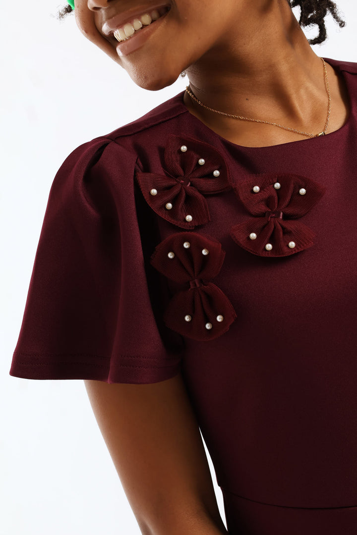 Girls Fit & Flare Puff Sleeve Occasion Dress - Burgandy