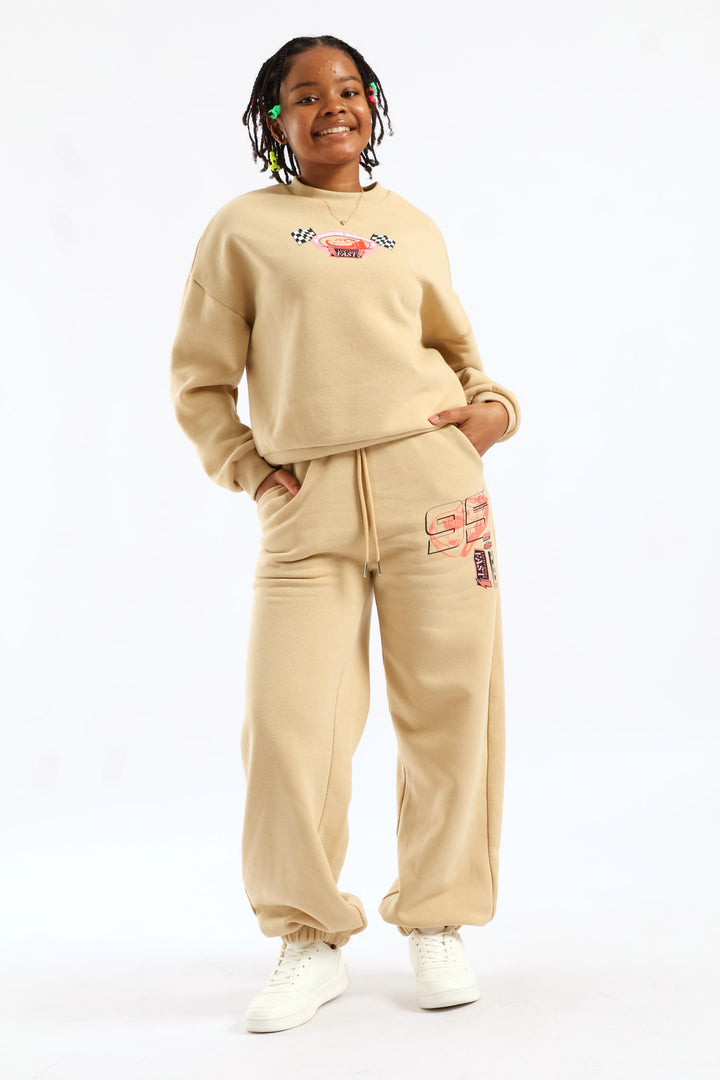 Girls Cars Graphic Baggy Joggers - Stone