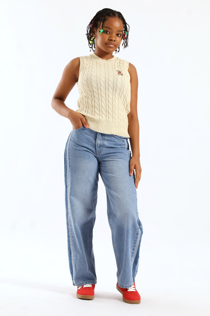 Girls Stripe Side Contrast Straight Leg Denim Jean - Mid Blue