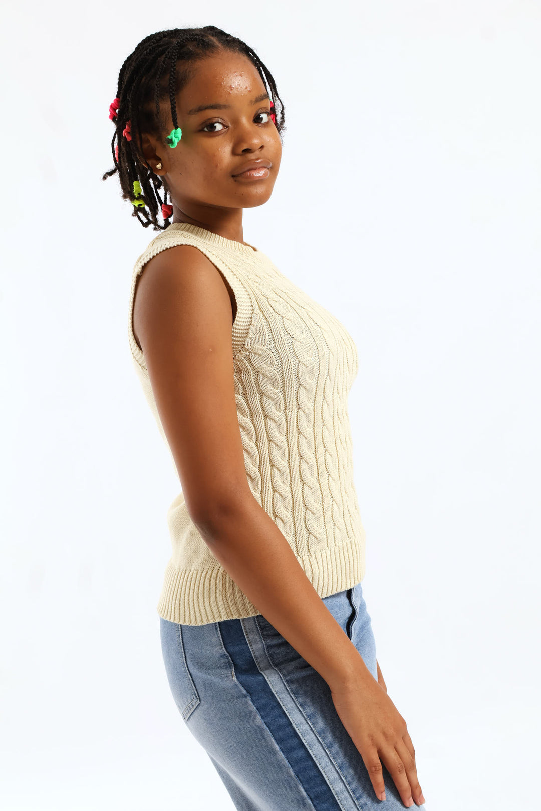 Girls Candy Heart Trim Cable Knitwear Vest - Cream