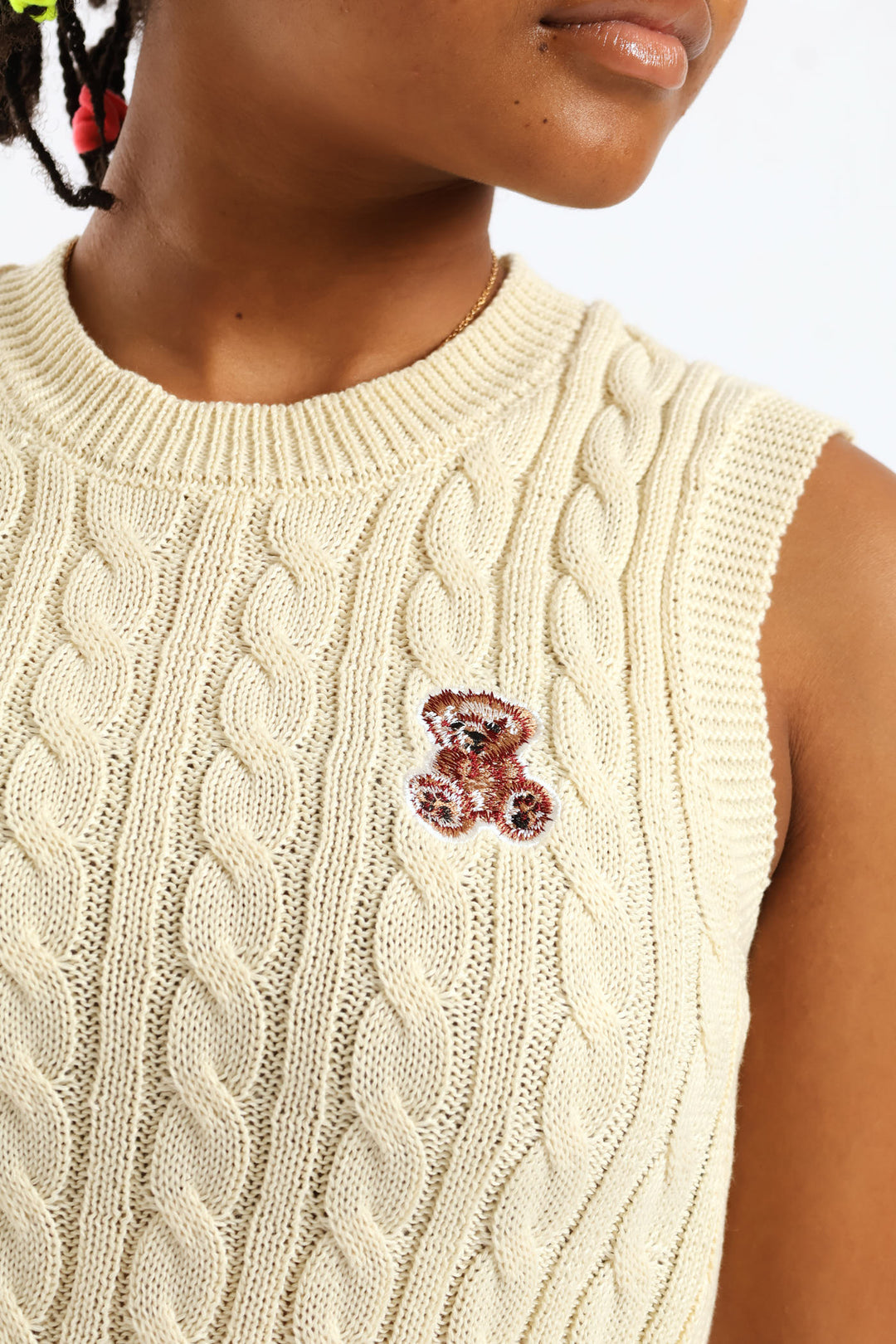 Girls Candy Heart Trim Cable Knitwear Vest - Cream