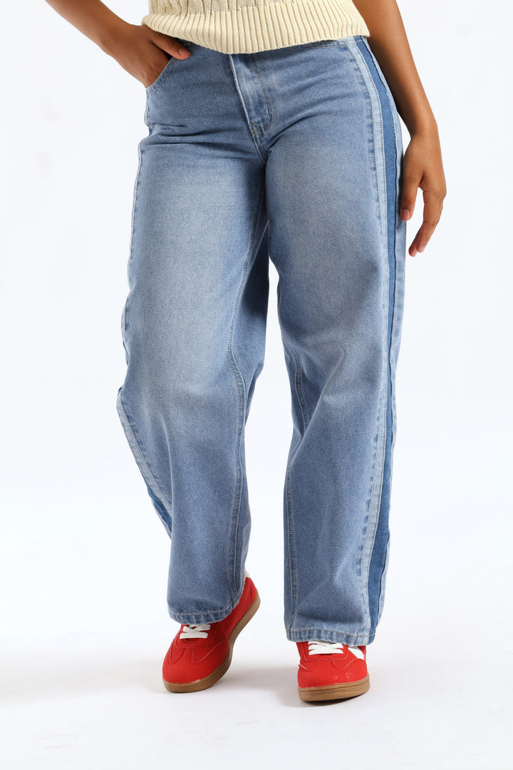 Girls Stripe Side Contrast Straight Leg Denim Jean - Mid Blue