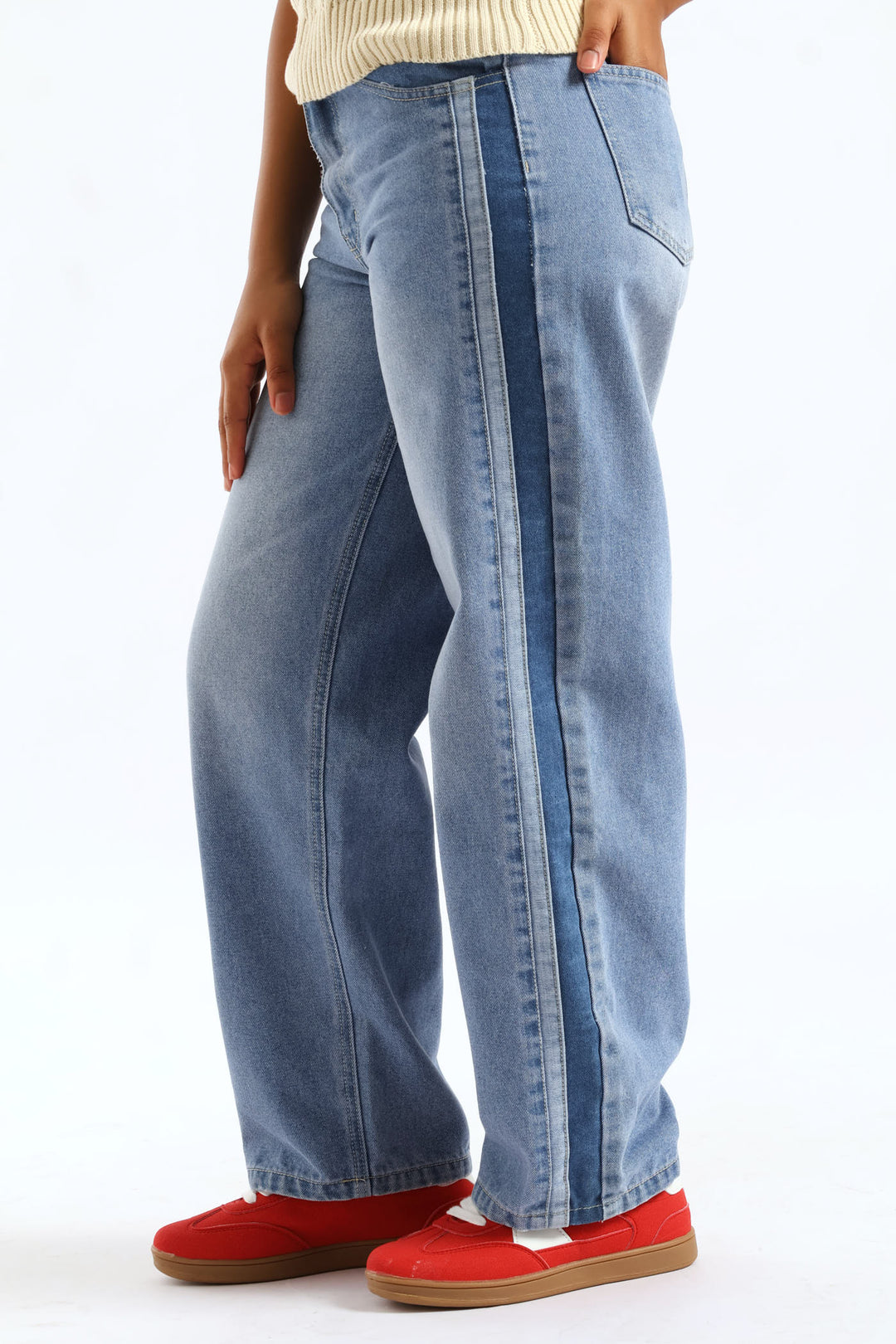 Girls Stripe Side Contrast Straight Leg Denim Jean - Mid Blue