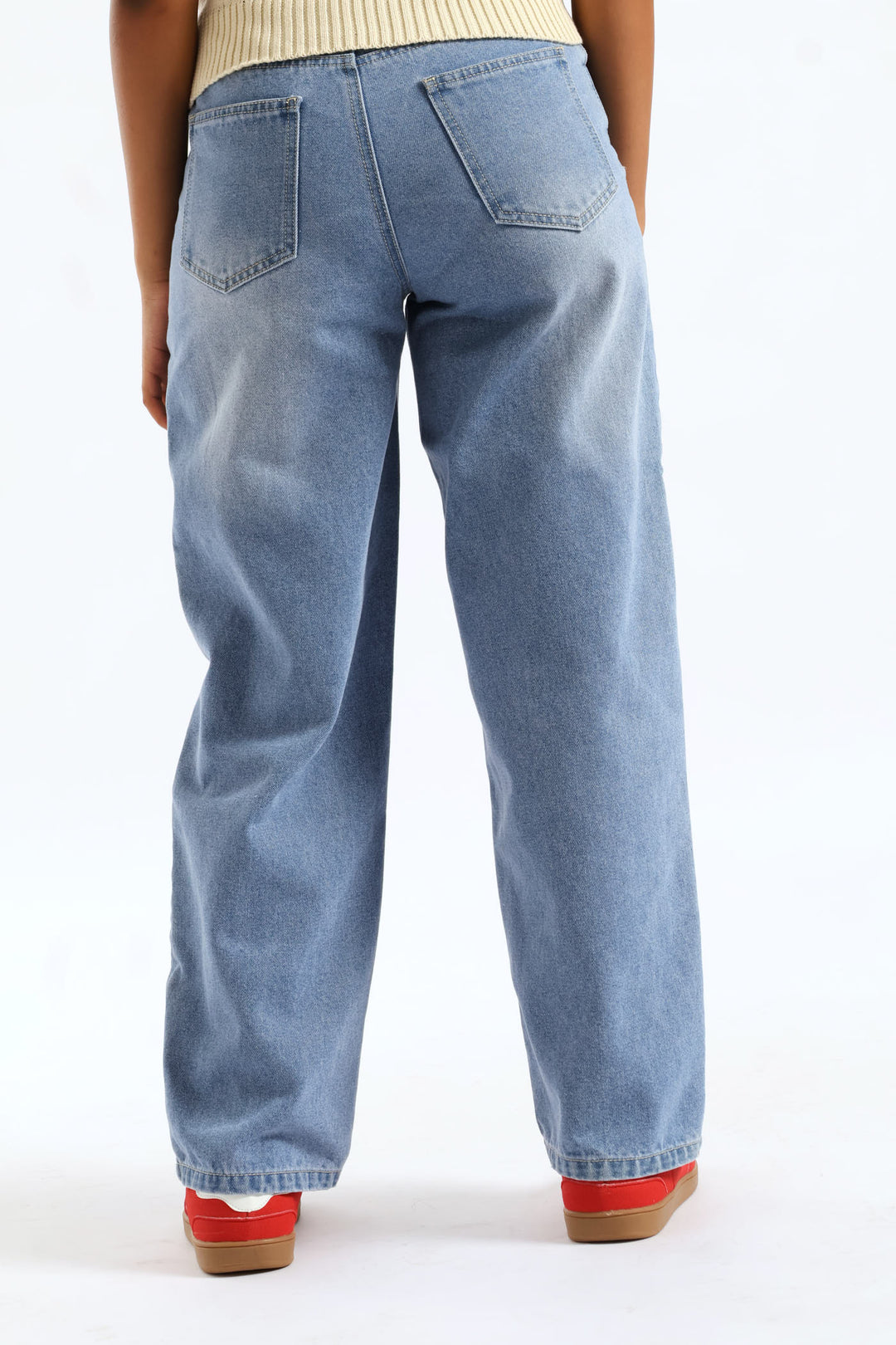 Girls Stripe Side Contrast Straight Leg Denim Jean - Mid Blue