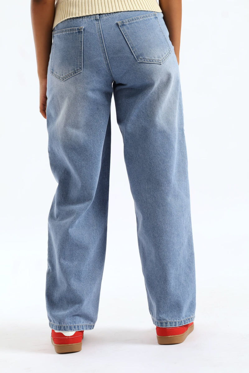 Girls Stripe Side Contrast Straight Leg Denim Jean - Mid Blue