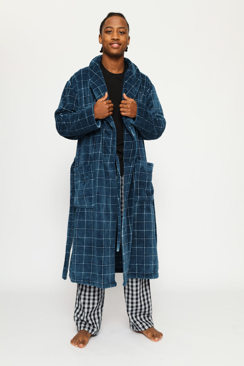 Flannel Fleece Check Shawl Collar Gown - Teal