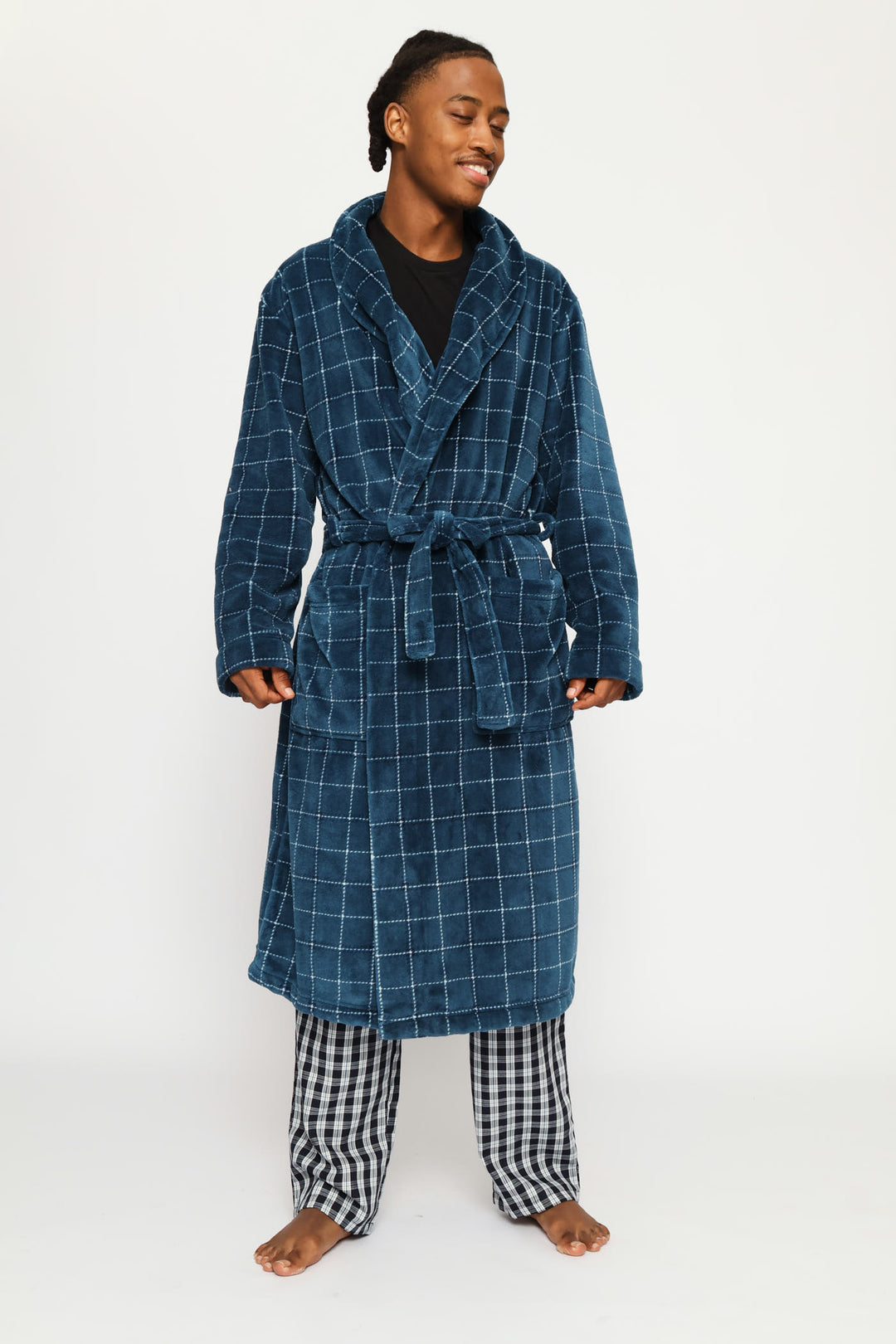 Flannel Fleece Check Shawl Collar Gown - Teal