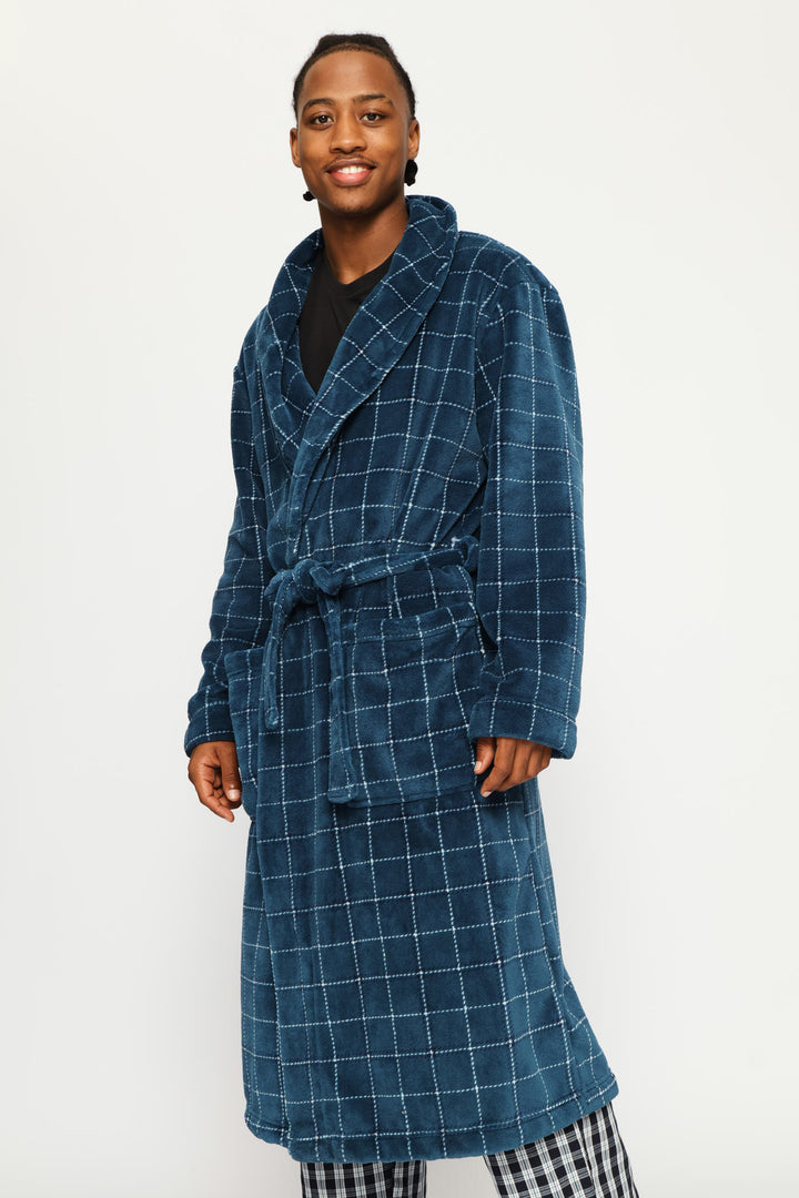 Flannel Fleece Check Shawl Collar Gown - Teal
