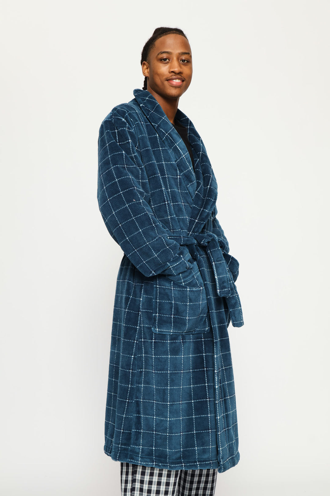 Flannel Fleece Check Shawl Collar Gown - Teal