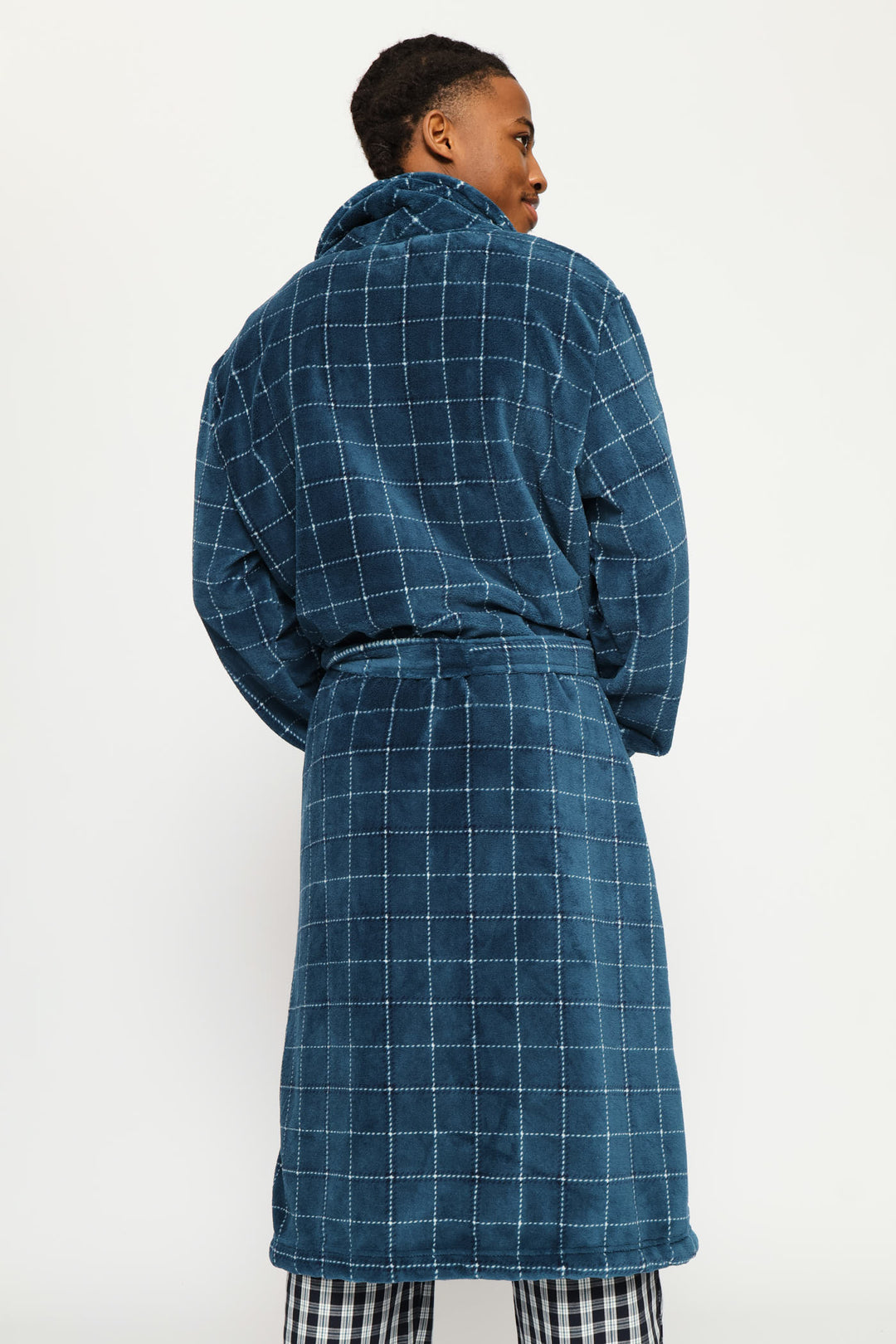 Flannel Fleece Check Shawl Collar Gown - Teal