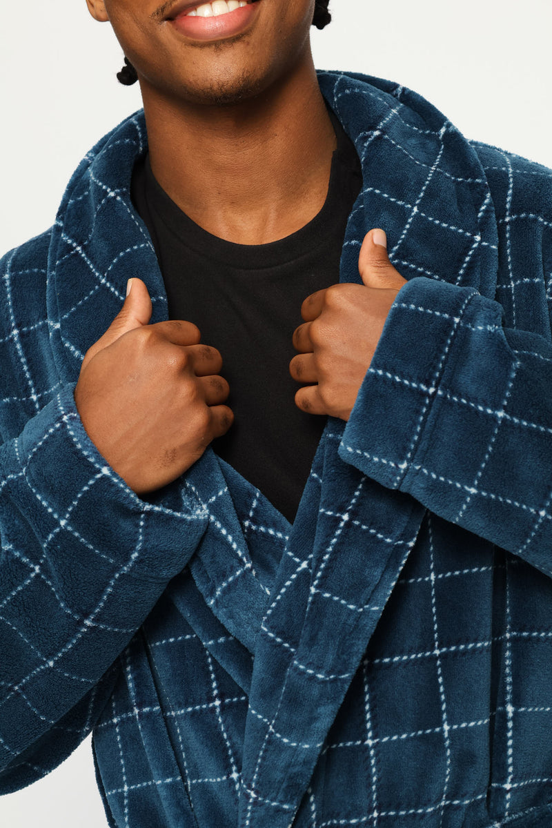 Flannel Fleece Check Shawl Collar Gown - Teal