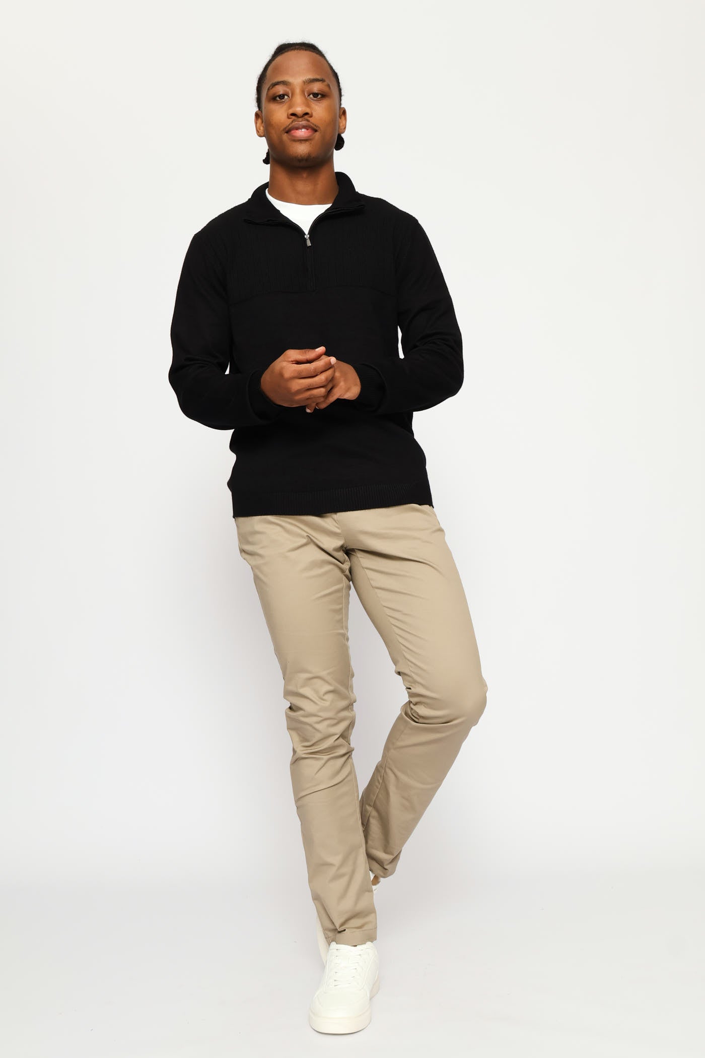 Mens Textured Detail Quarter Zip Knit Poloneck - Black – Edgars