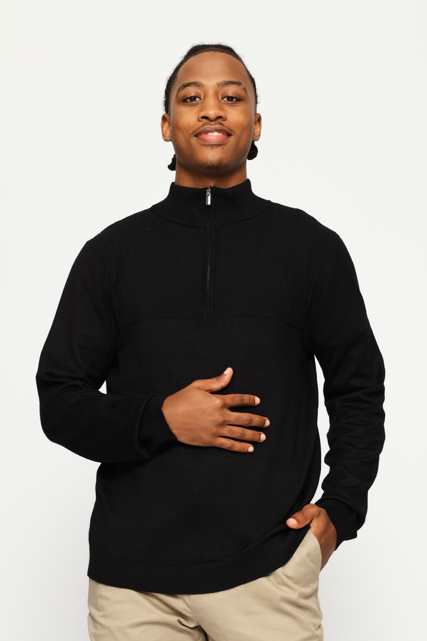 Mens Textured Detail Quarter Zip Knit Poloneck - Black – Edgars